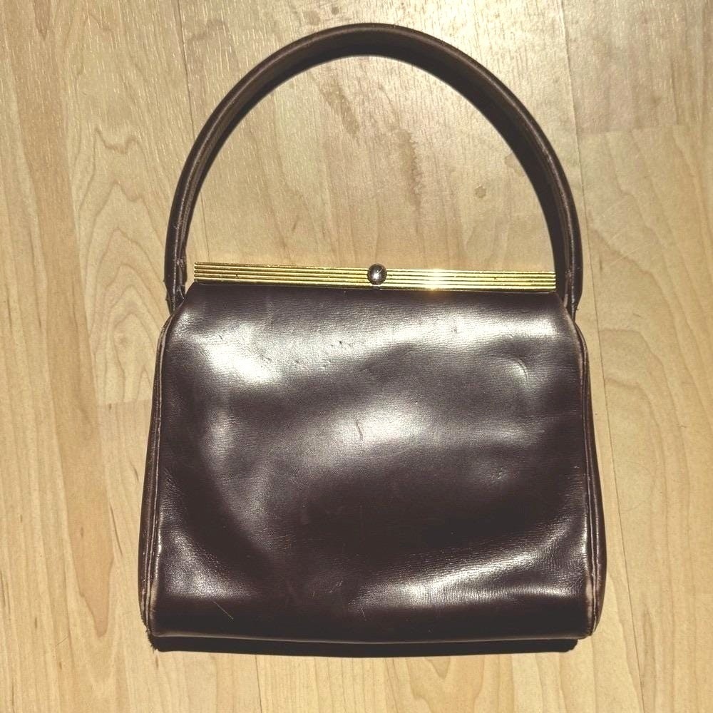 VTG 50s Bonwit Teller Handbag Frame Brown Calfskin Leather Gold Jewel Formal